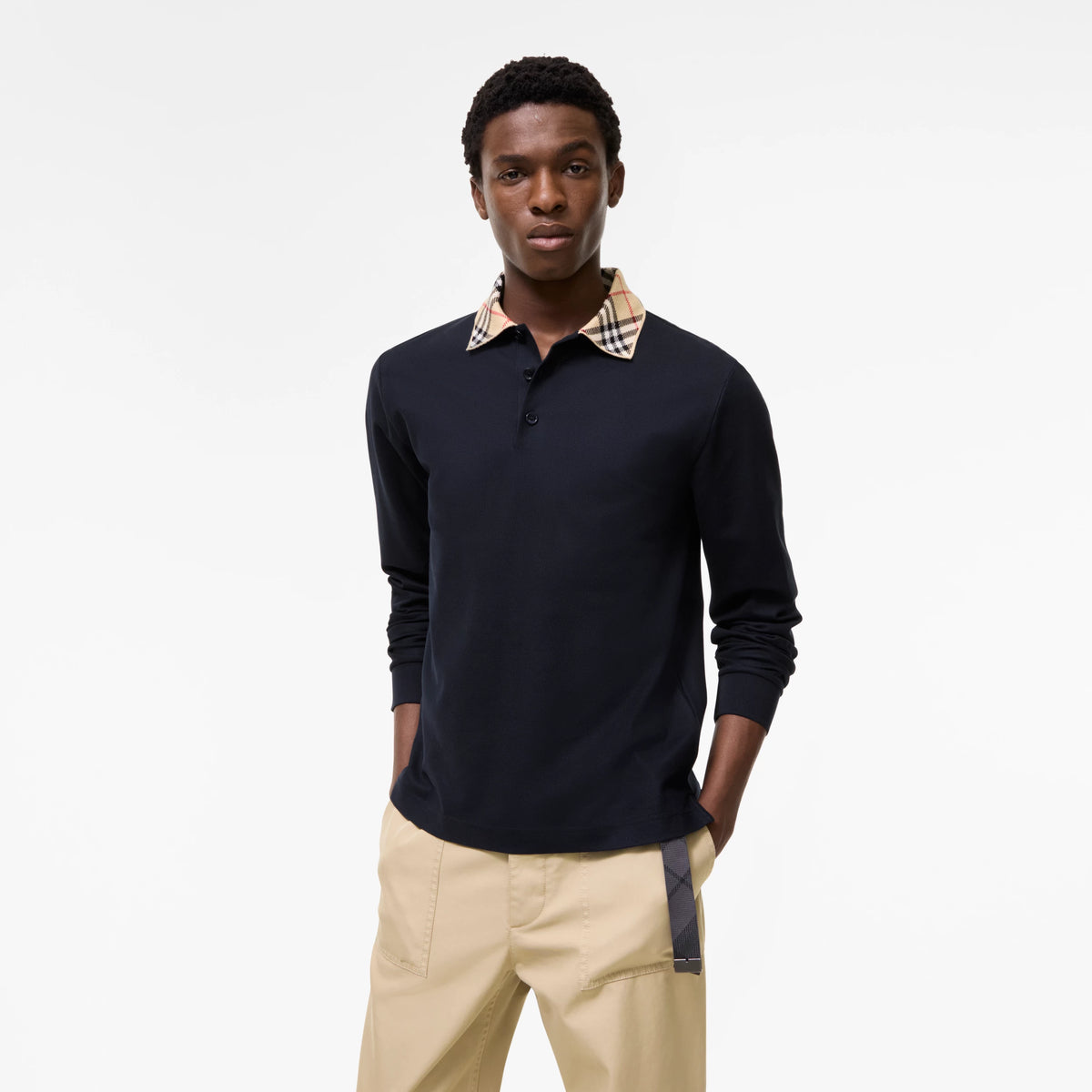 Long-sleeve Check Collar Cotton Polo Shirt RUNWAY DELUXE