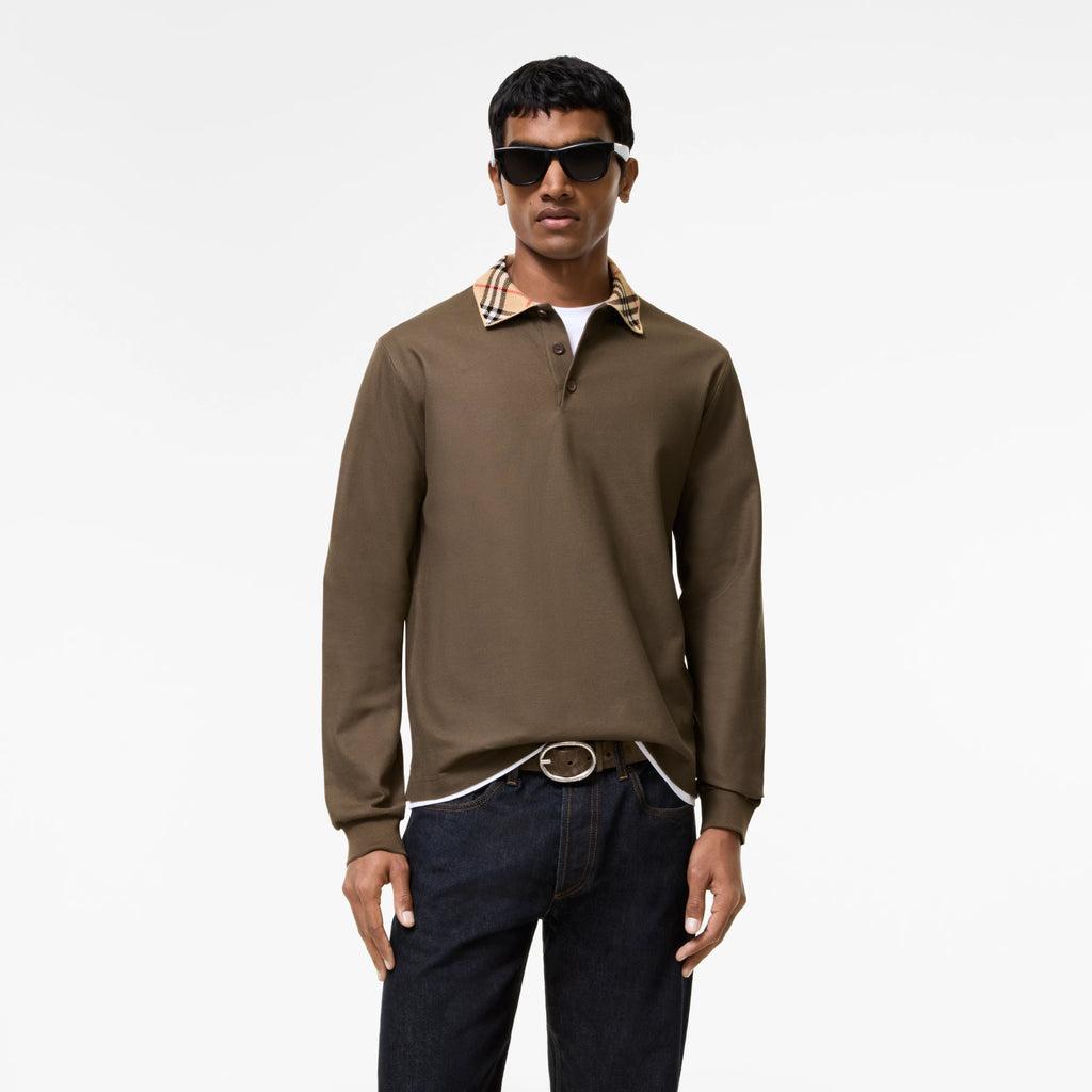 Long-sleeve Check Collar Cotton Polo Shirt RUNWAY DELUXE