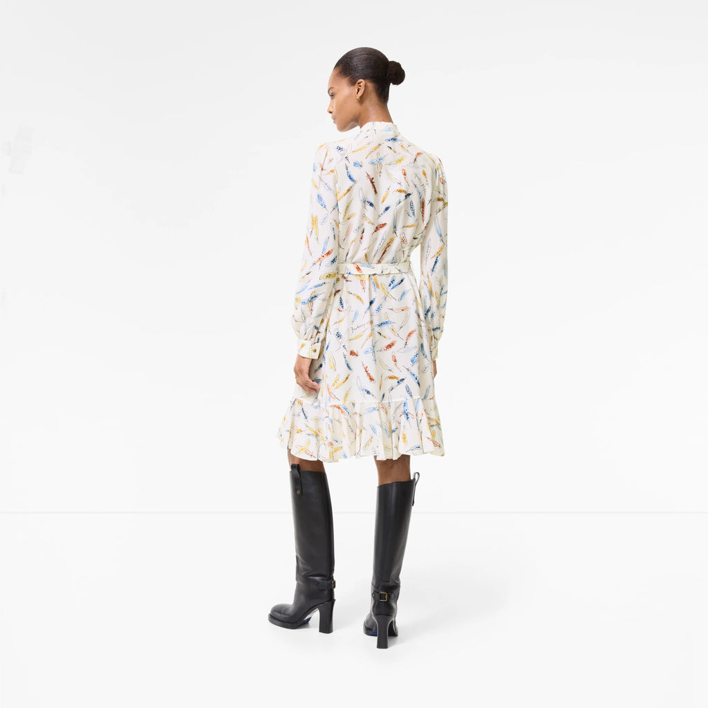 Ruffled Feather Print Silk Dress