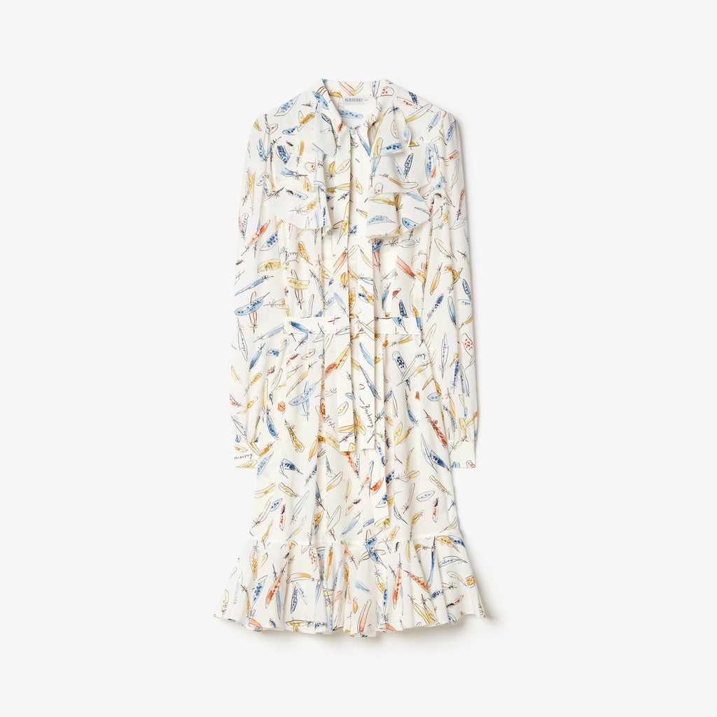 Ruffled Feather Print Silk Dress