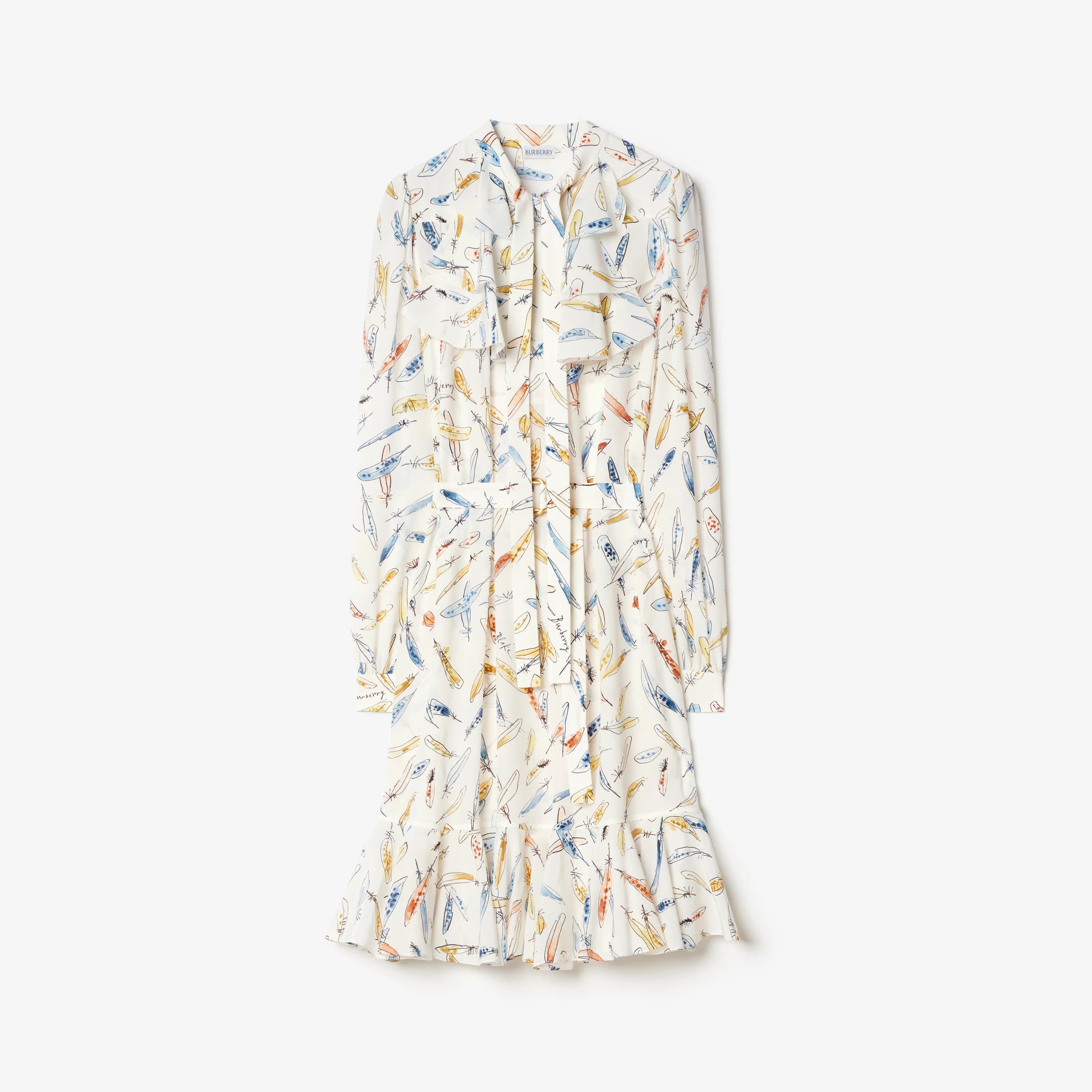 Ruffled Feather Print Silk Dress