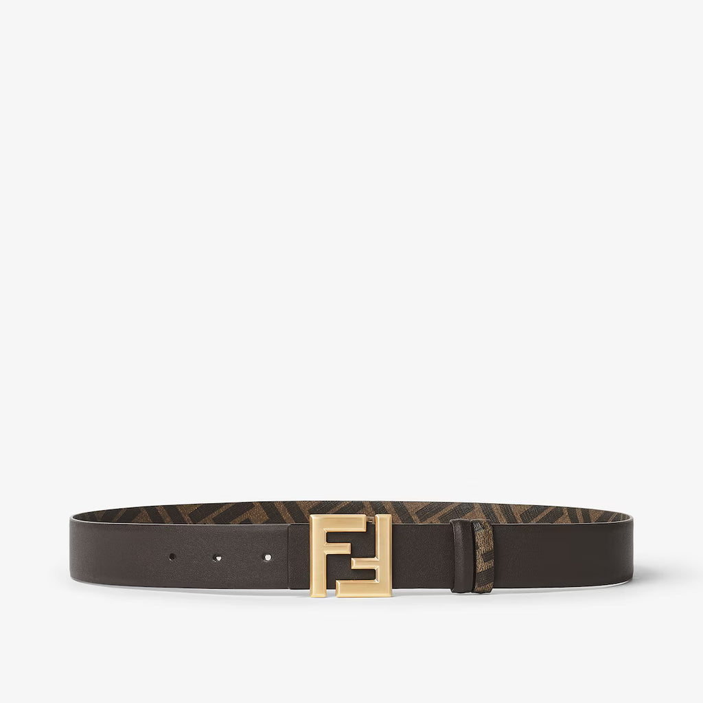 Squared FF Belt Brown leather and FF canvas reversible belt RUNWAY DELUXE