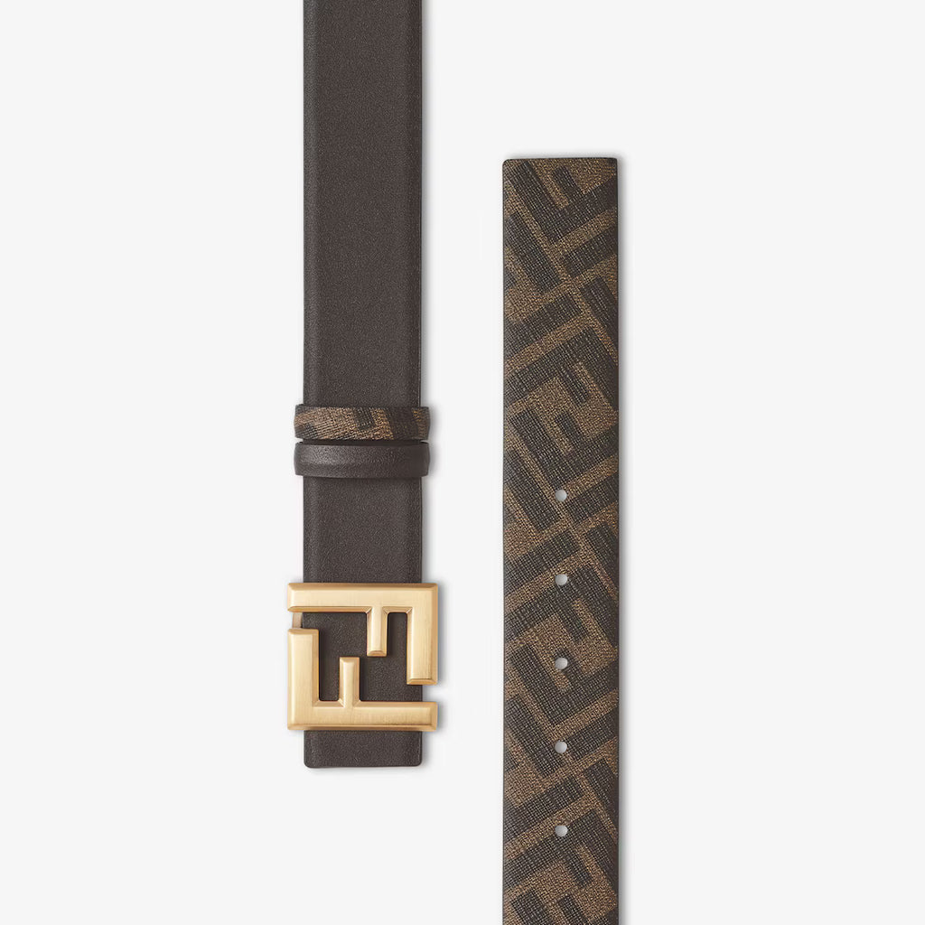 Squared FF Belt Brown leather and FF canvas reversible belt RUNWAY DELUXE