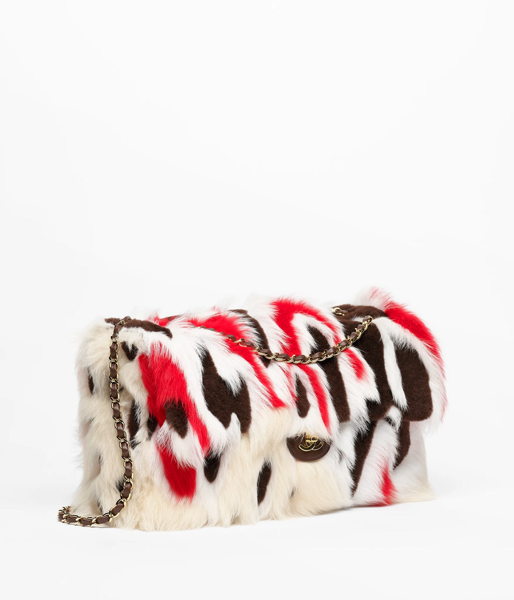 Shearling Patchwork & Gold-Tone Metal  Dark Brown, Red & White RUNWAY DELUXE