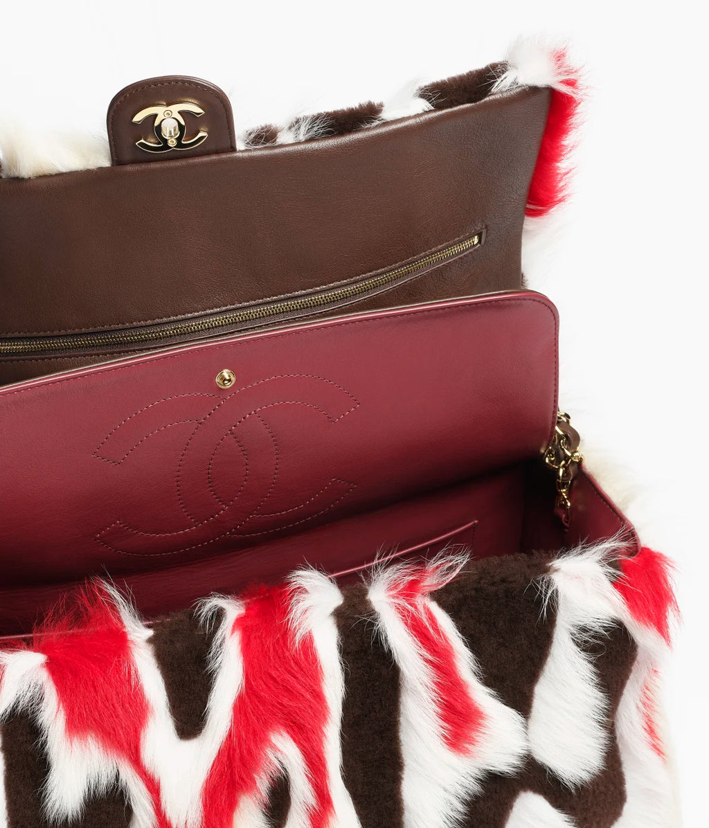 Shearling Patchwork & Gold-Tone Metal  Dark Brown, Red & White RUNWAY DELUXE