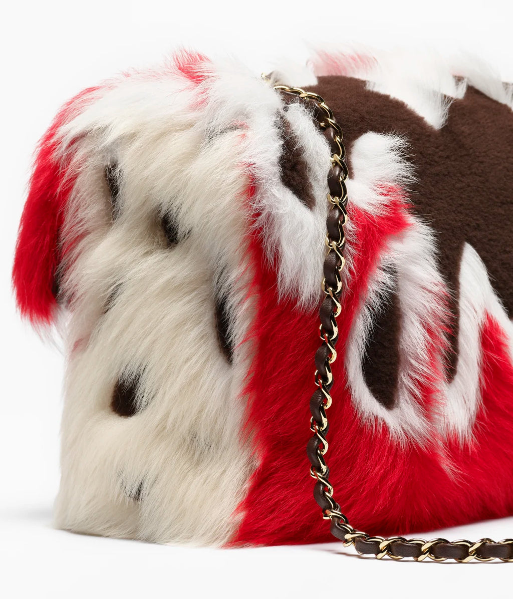 Shearling Patchwork & Gold-Tone Metal  Dark Brown, Red & White RUNWAY DELUXE