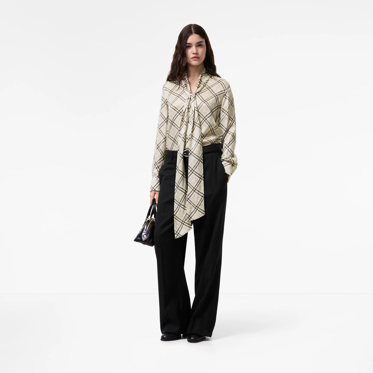 Check Silk Blend Scarf BlousePrice undefined Runway Dove grey RUNWAY DELUXE