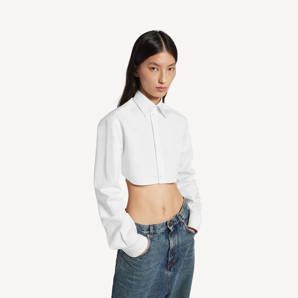 Cropped Shirt in white organdi cotton and silk poplin is from look 36 of Balenciaga's Summer 26 Collection. RUNWAY DELUXE
