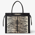 Beige and black tiger-effect embroidered fabric shopper bag
