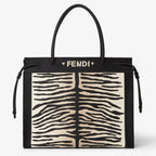 Beige and black tiger-effect embroidered fabric shopper bag