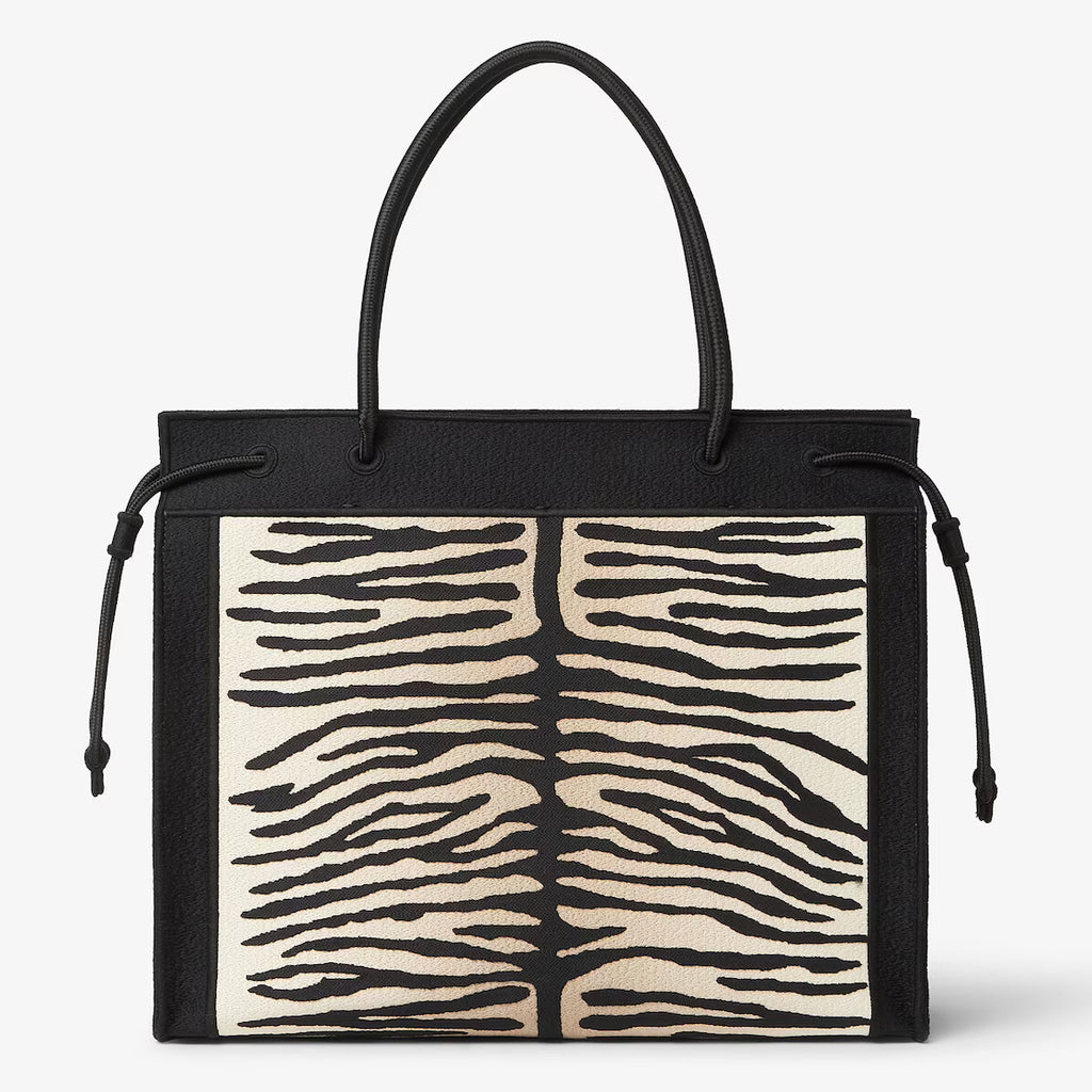Beige and black tiger-effect embroidered fabric shopper bag