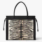 Beige and black tiger-effect embroidered fabric shopper bag