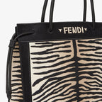 Beige and black tiger-effect embroidered fabric shopper bag