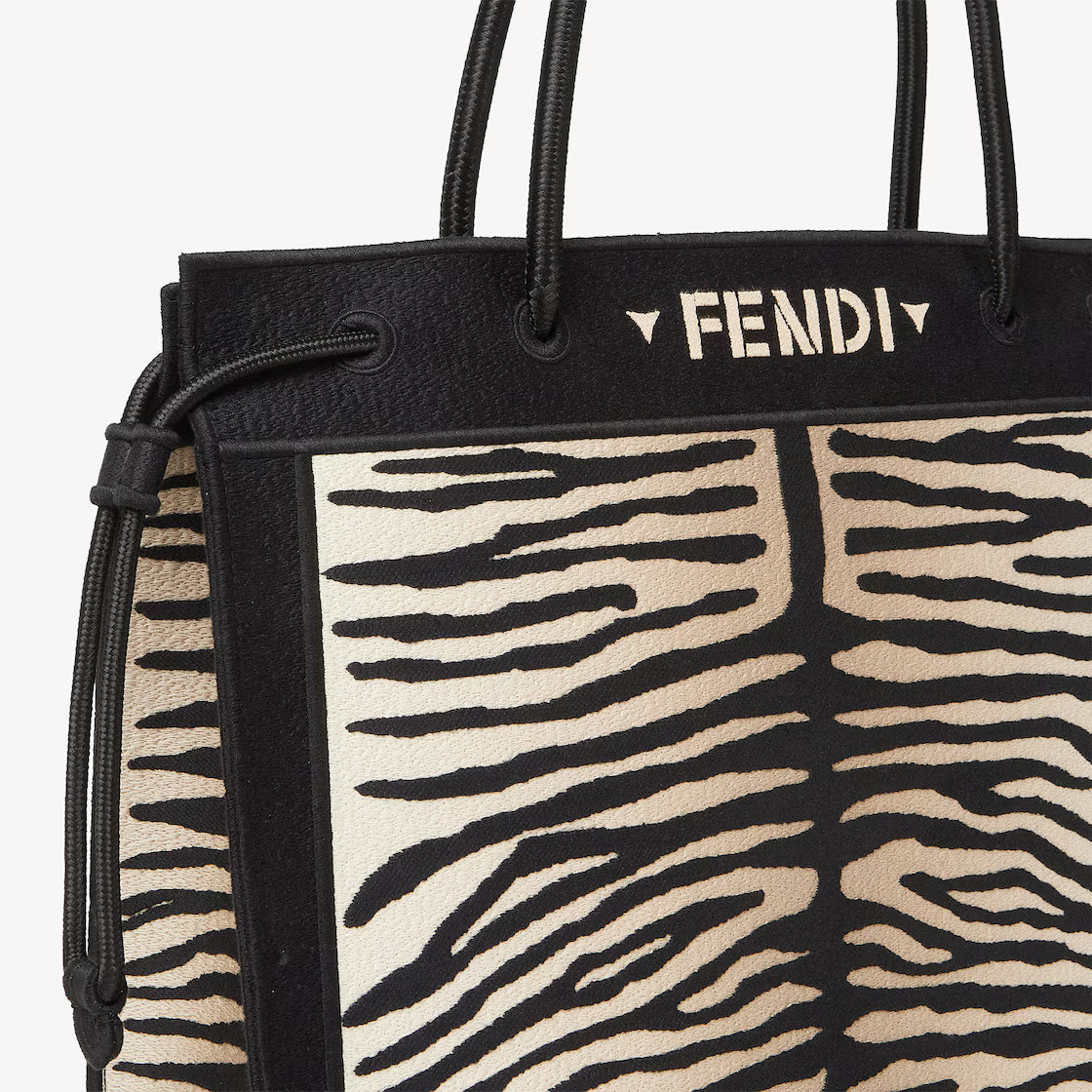 Beige and black tiger-effect embroidered fabric shopper bag