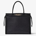 Black embroidered fabric shopper with mirrors