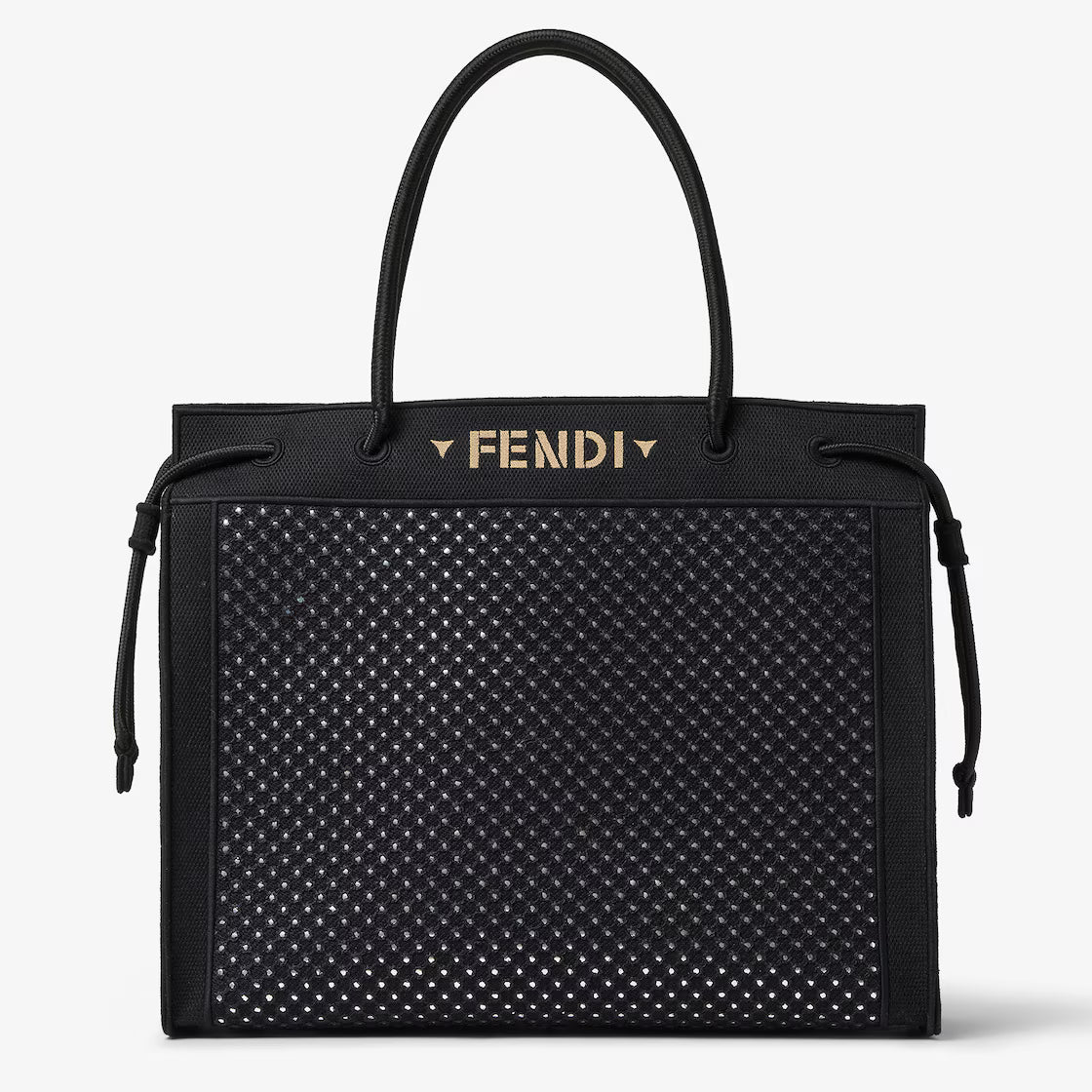 Black embroidered fabric shopper with mirrors