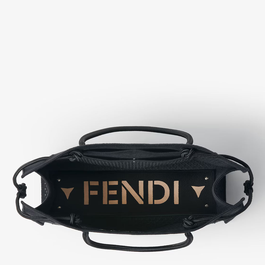 Black embroidered fabric shopper with mirrors