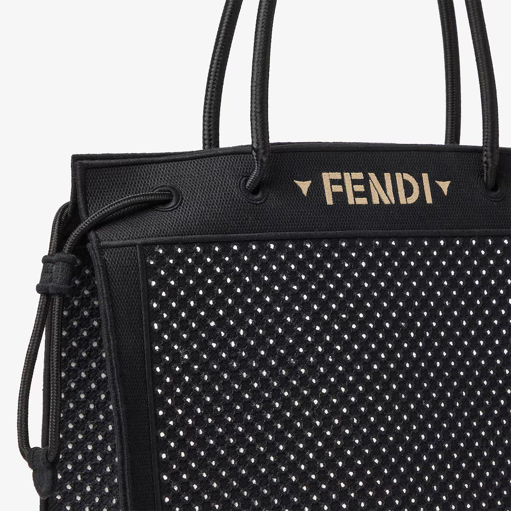 Black embroidered fabric shopper with mirrors