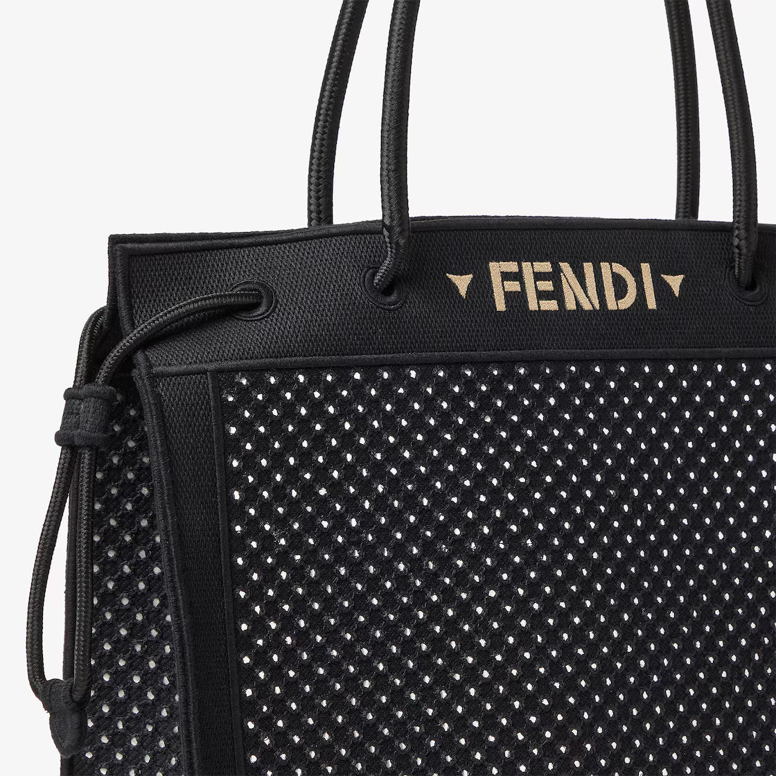 Black embroidered fabric shopper with mirrors