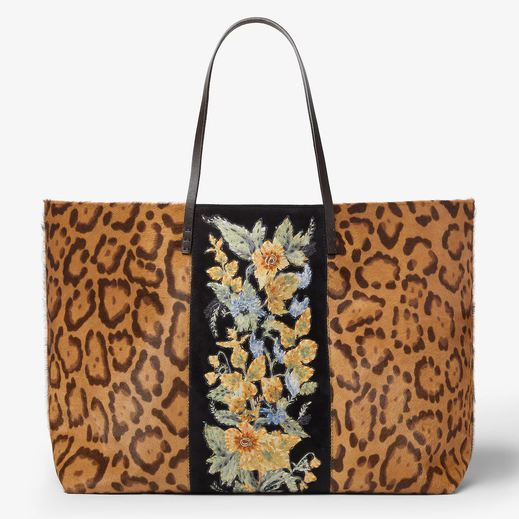 Jaguar print pony-effect leather shopper with embroidery
