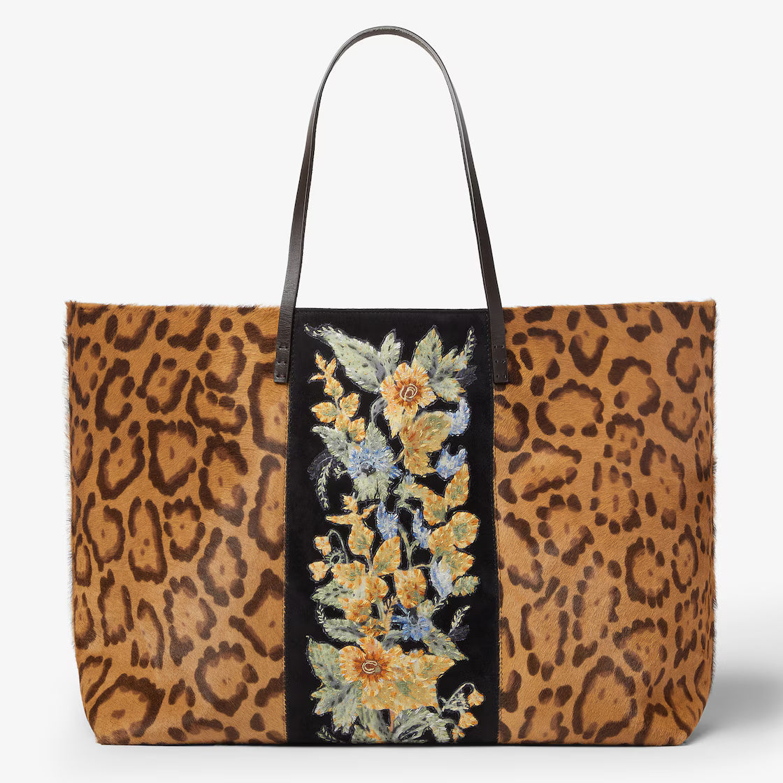 Jaguar print pony-effect leather shopper with embroidery