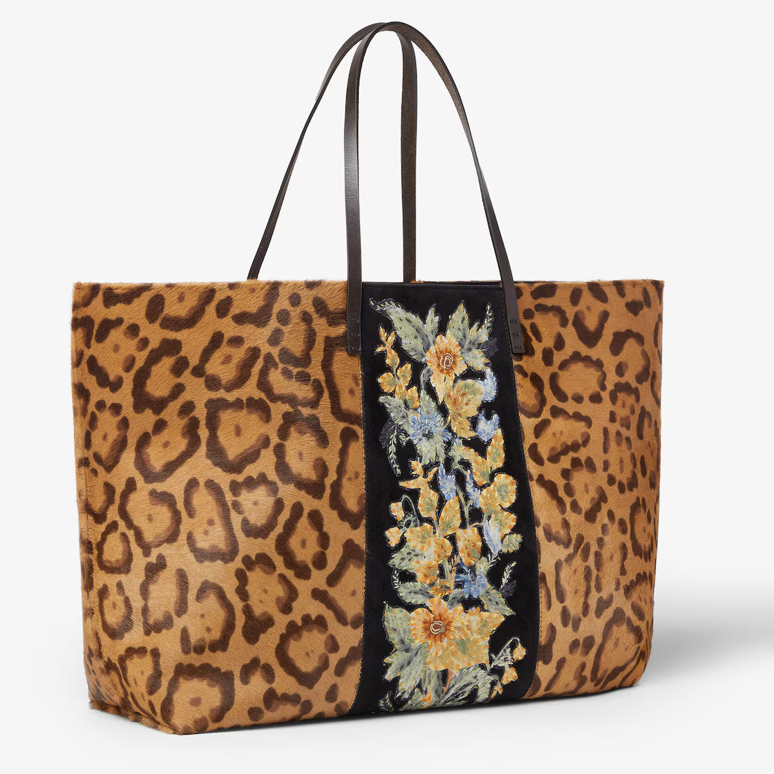 Jaguar print pony-effect leather shopper with embroidery