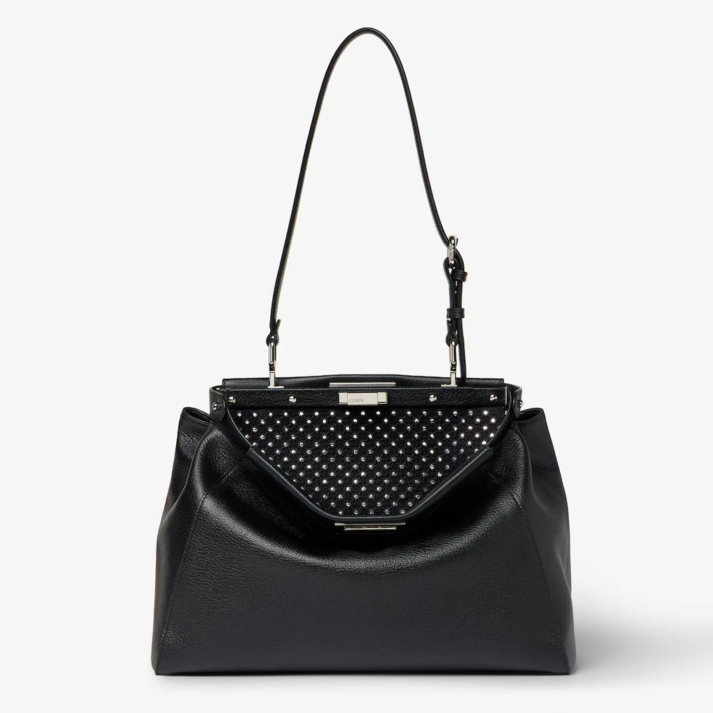 Black leather bag embroidered with mirrors