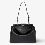 Black leather bag embroidered with mirrors