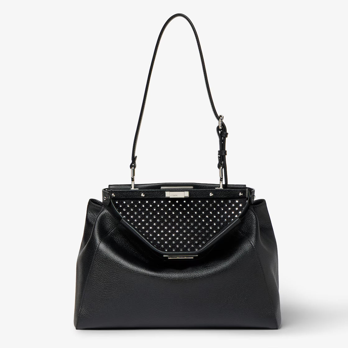 Black leather bag embroidered with mirrors