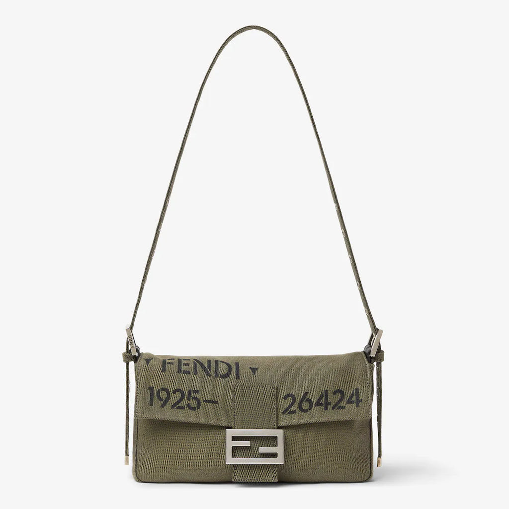 Khaki green canvas bag with Stencil print.