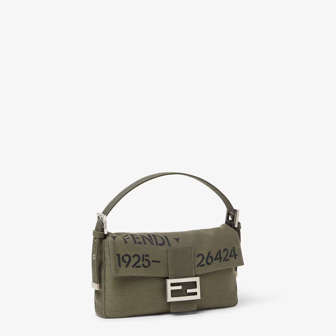 Khaki green canvas bag with Stencil print.