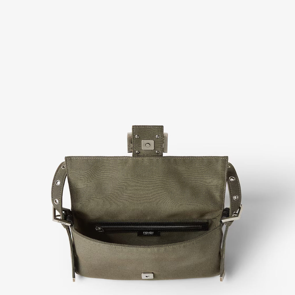 Khaki green canvas bag with Stencil print.