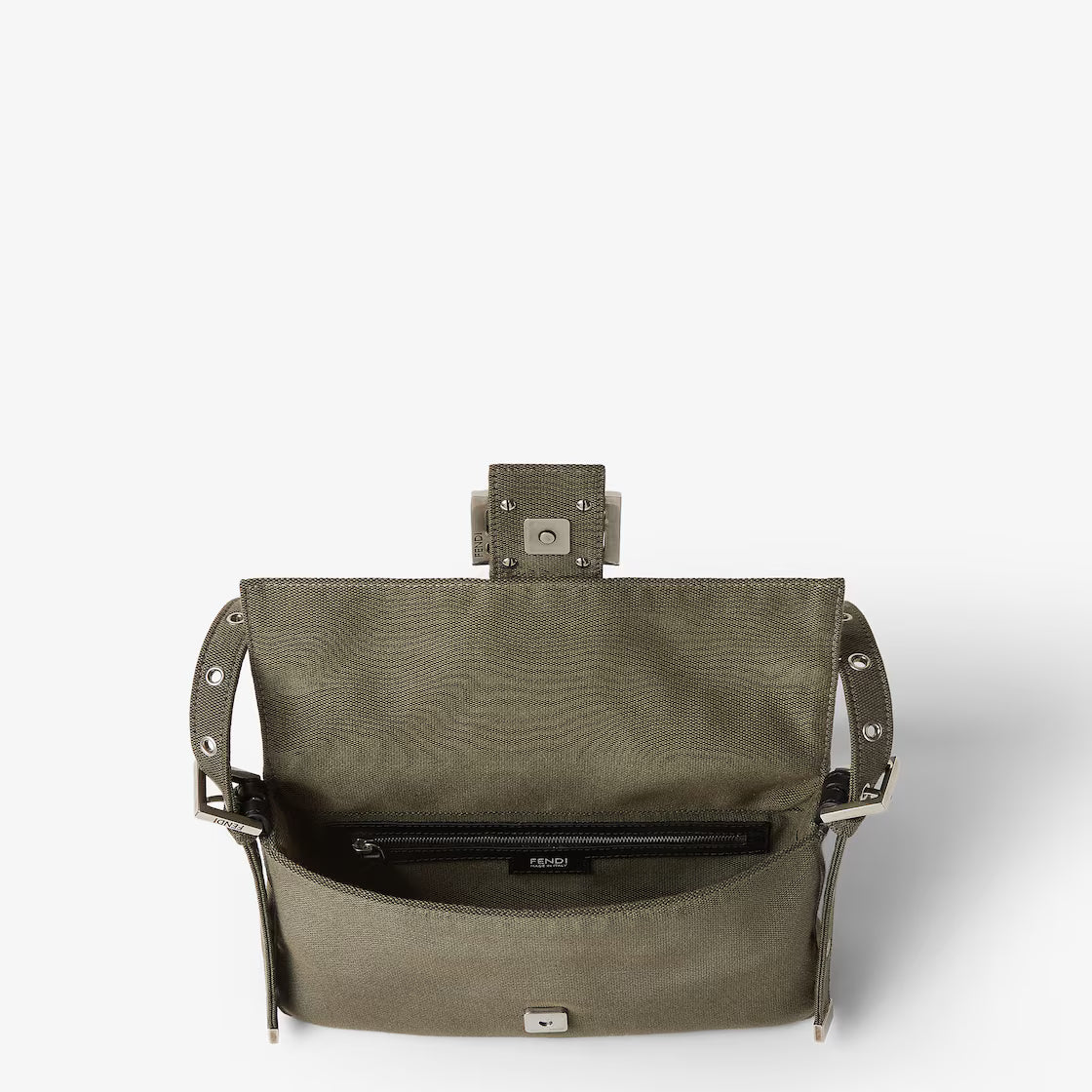 Khaki green canvas bag with Stencil print.