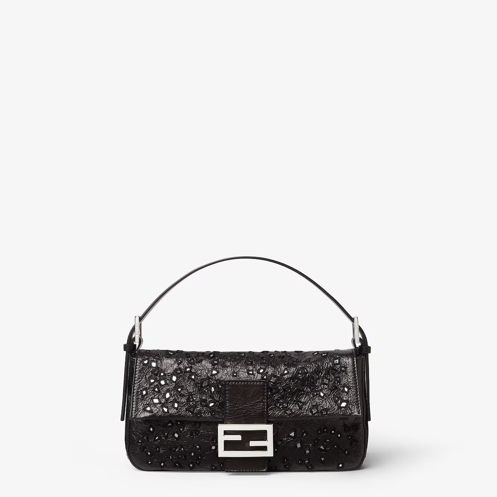 Crackled black leather bag with wedge-shaped mirrors