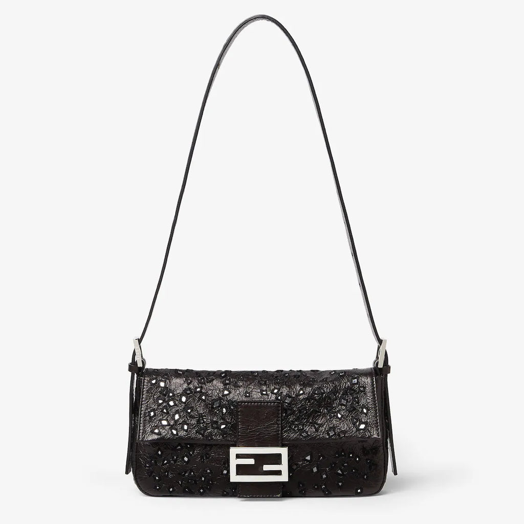 Crackled black leather bag with wedge-shaped mirrors