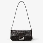 Crackled black leather bag with wedge-shaped mirrors