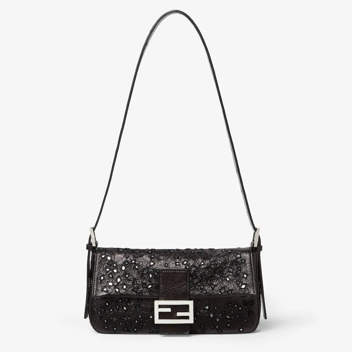Crackled black leather bag with wedge-shaped mirrors