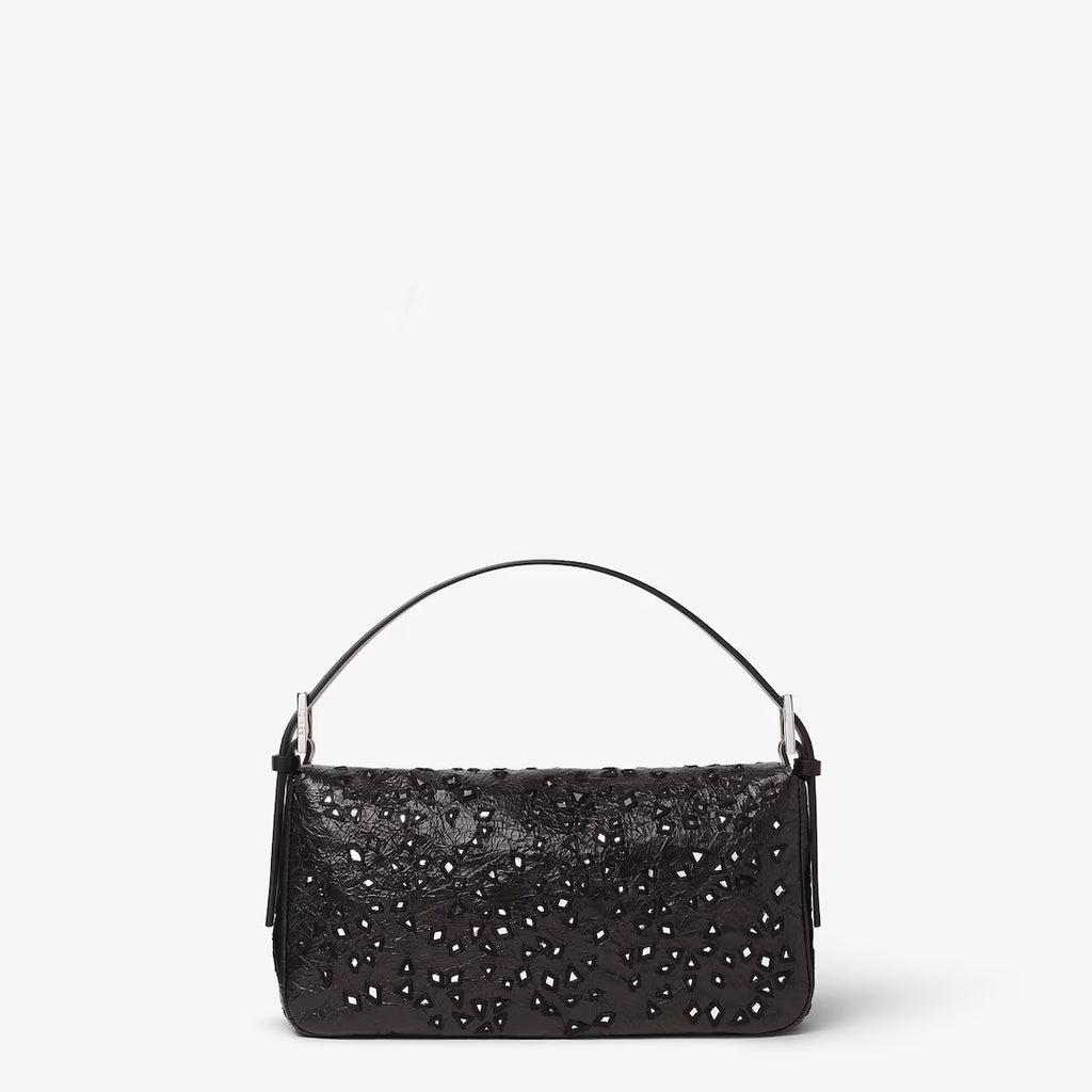 Crackled black leather bag with wedge-shaped mirrors