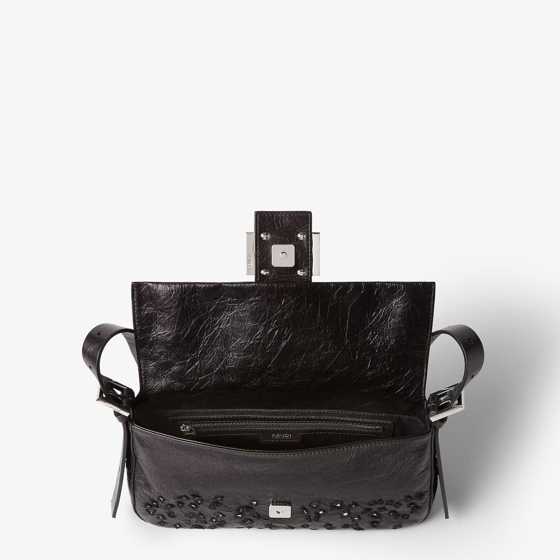 Crackled black leather bag with wedge-shaped mirrors