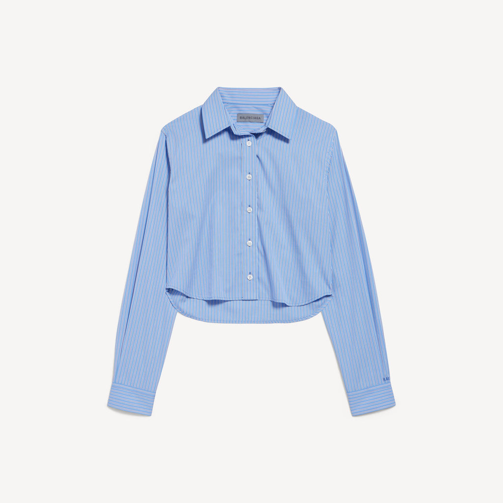 Striped Cropped Shirt in blue and navy ultrafine technical poplin RUNWAY DELUXE