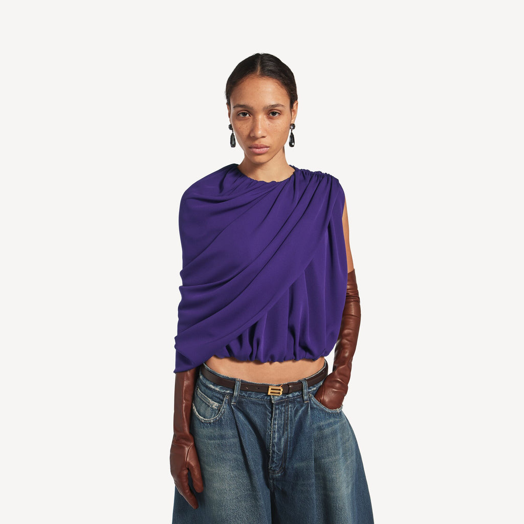 Cape Top in purple silk cady is from look 49 of Balenciaga's Fall 26 Collection. RUNWAY DELUXE