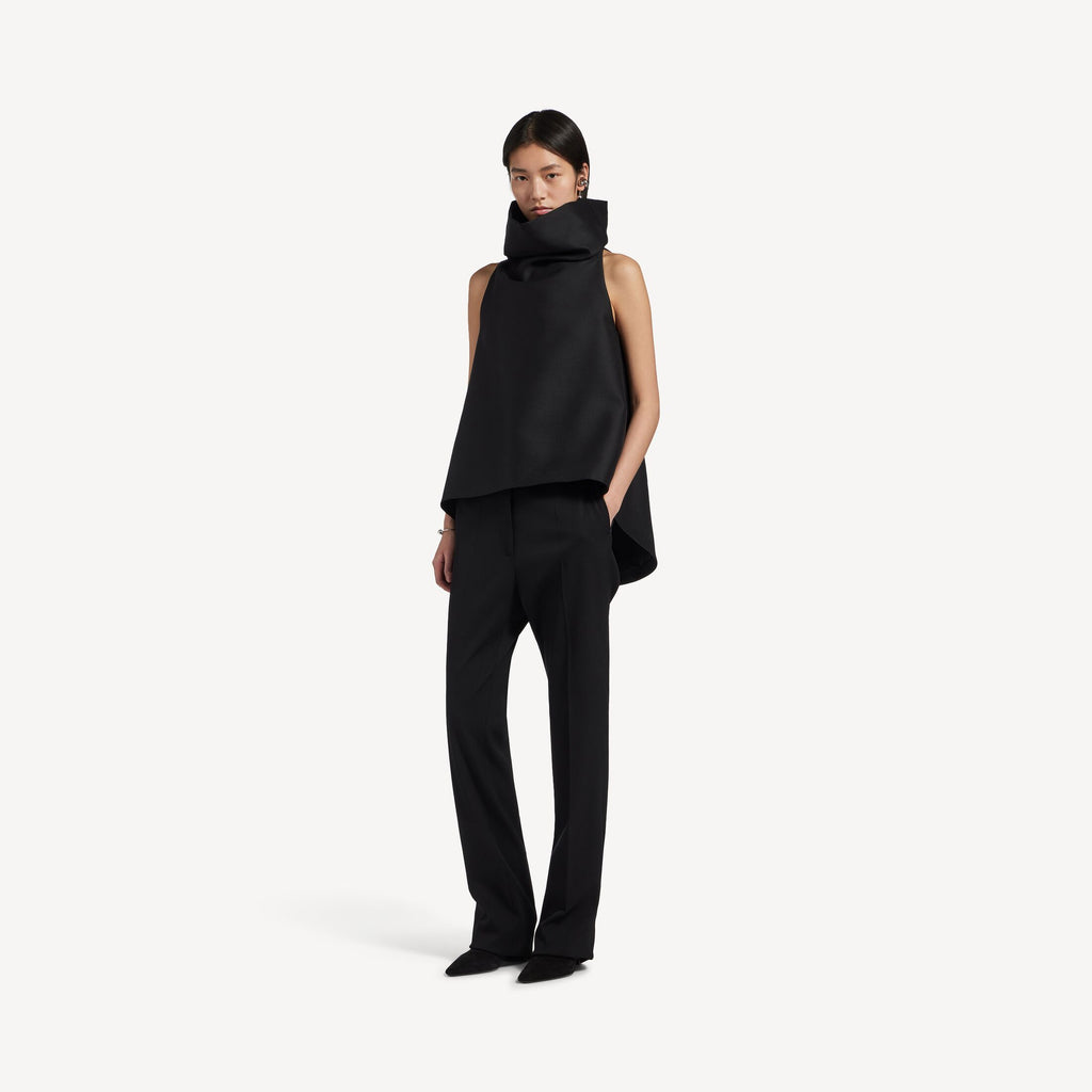 High Collar Top in black silk and wool blend RUNWAY DELUXE