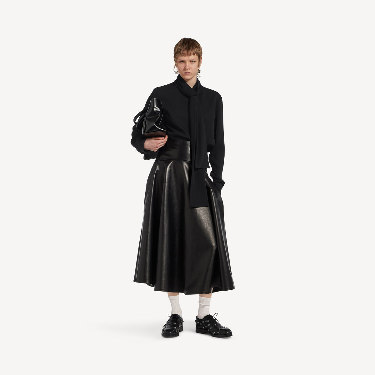 Silk Crepe Scarf Shirt in black silk and wool blend RUNWAY DELUXE