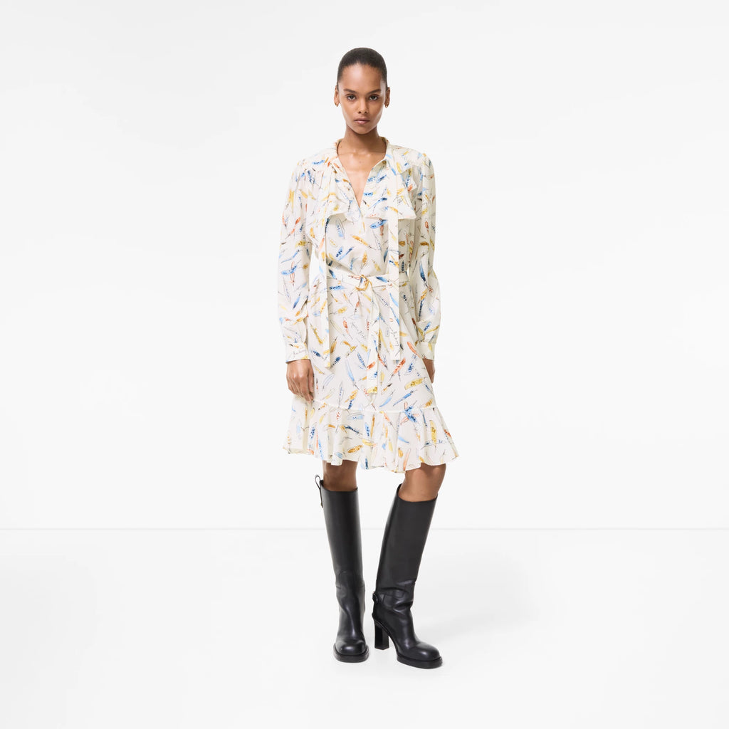 Ruffled Feather Print Silk Dress