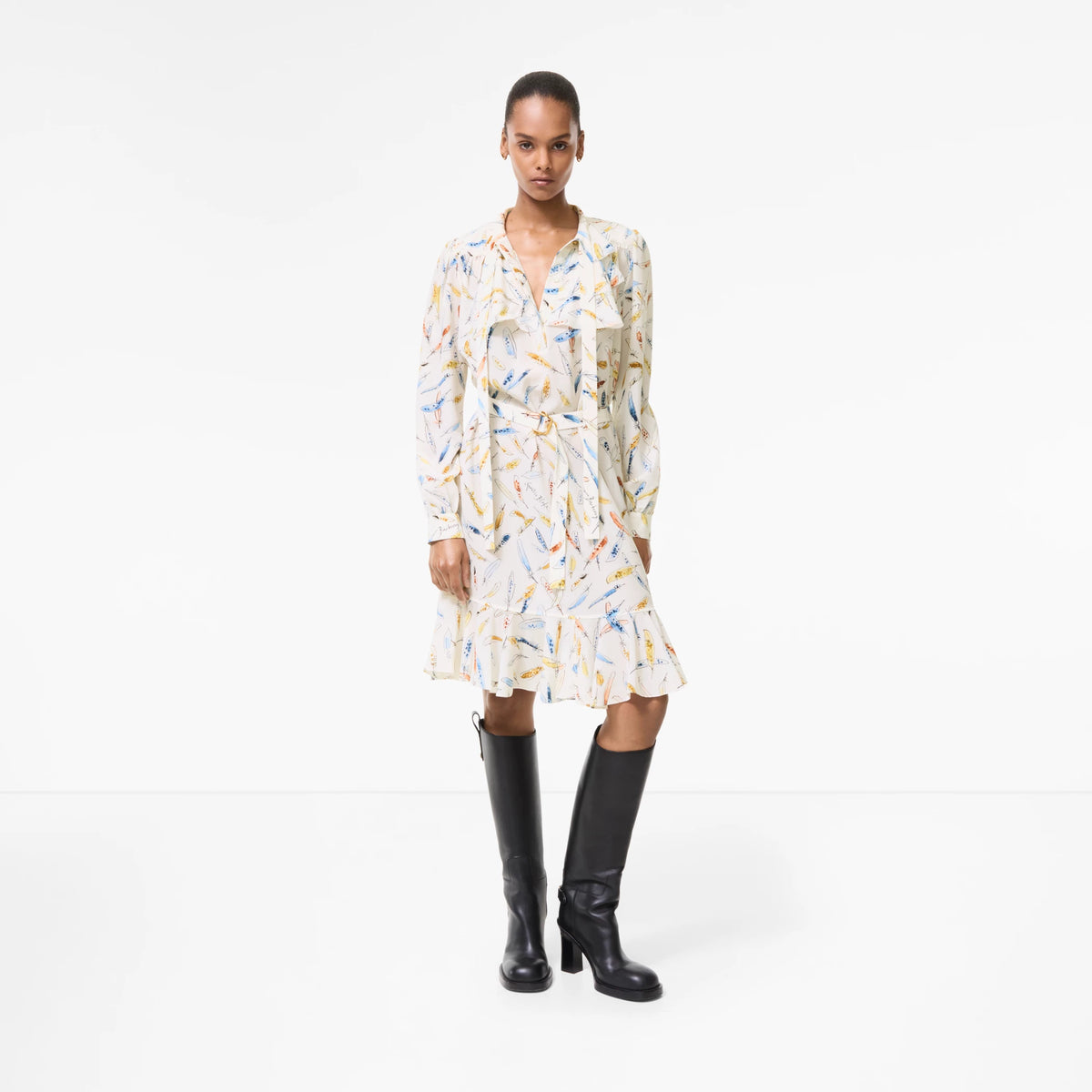Ruffled Feather Print Silk Dress