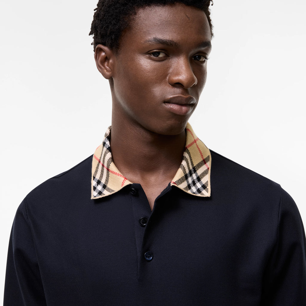 Long-sleeve Check Collar Cotton Polo Shirt RUNWAY DELUXE