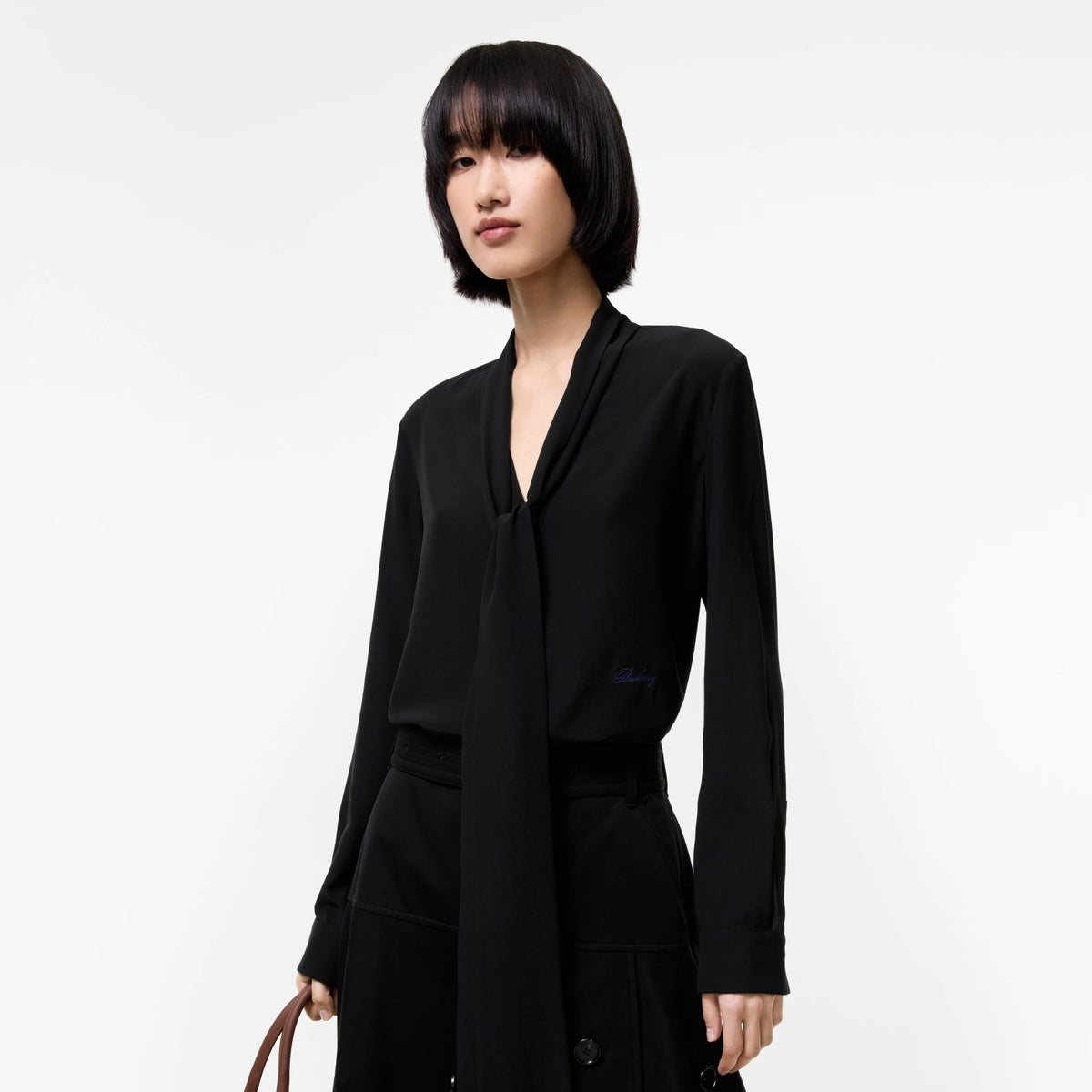 Silk Crepe De Chine Scarf BlousePrice undefined Black RUNWAY DELUXE
