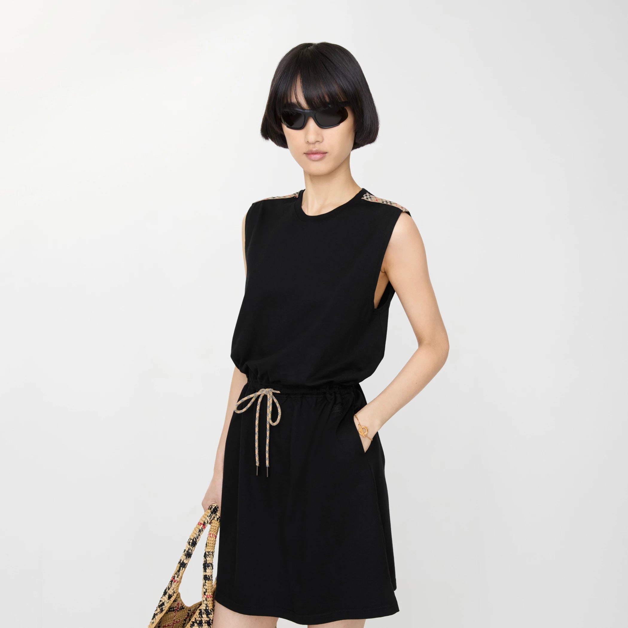 Check Trim Cotton Jersey Dress