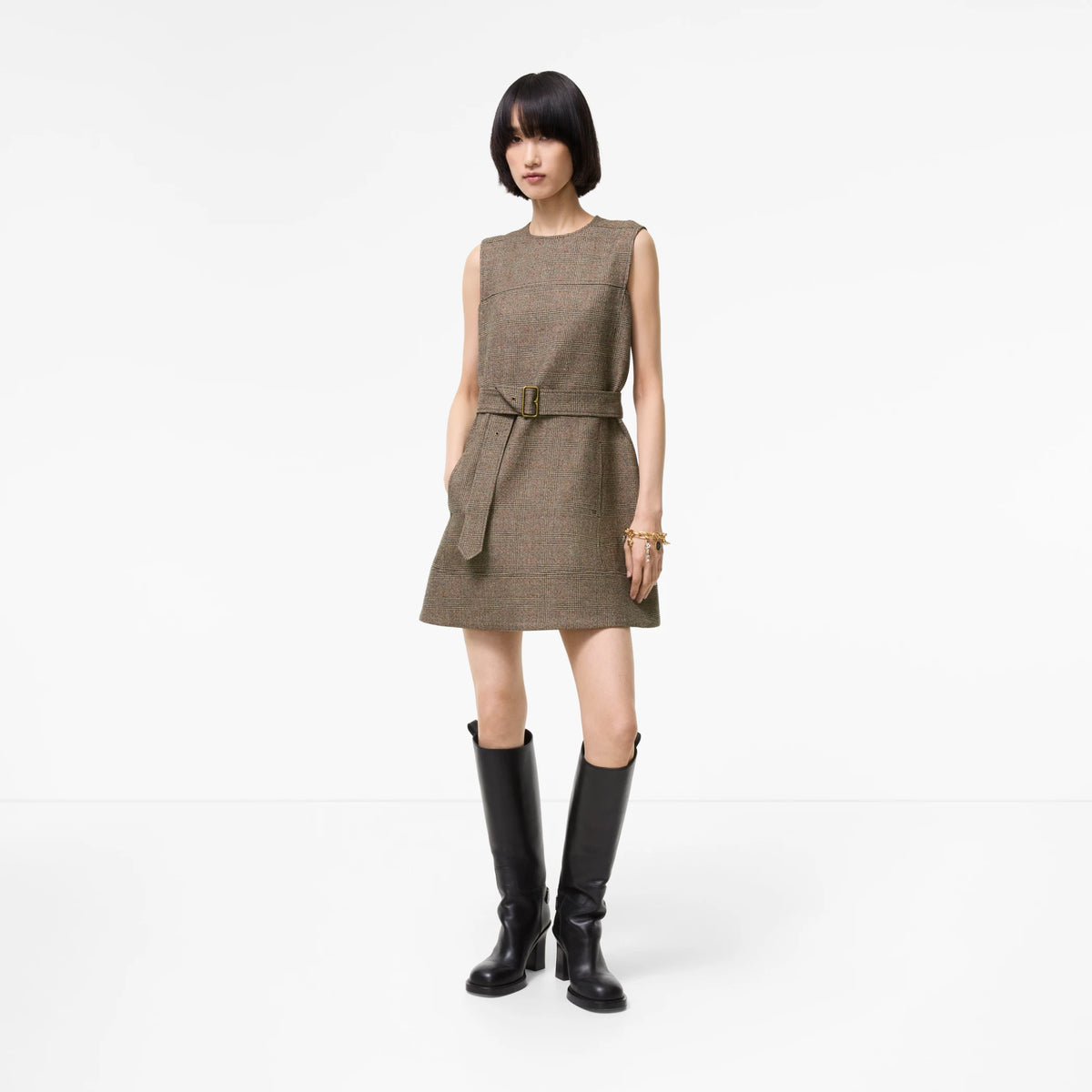 Check Wool Linen Blend Dress