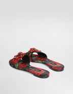 Rose-print brocade flat slides